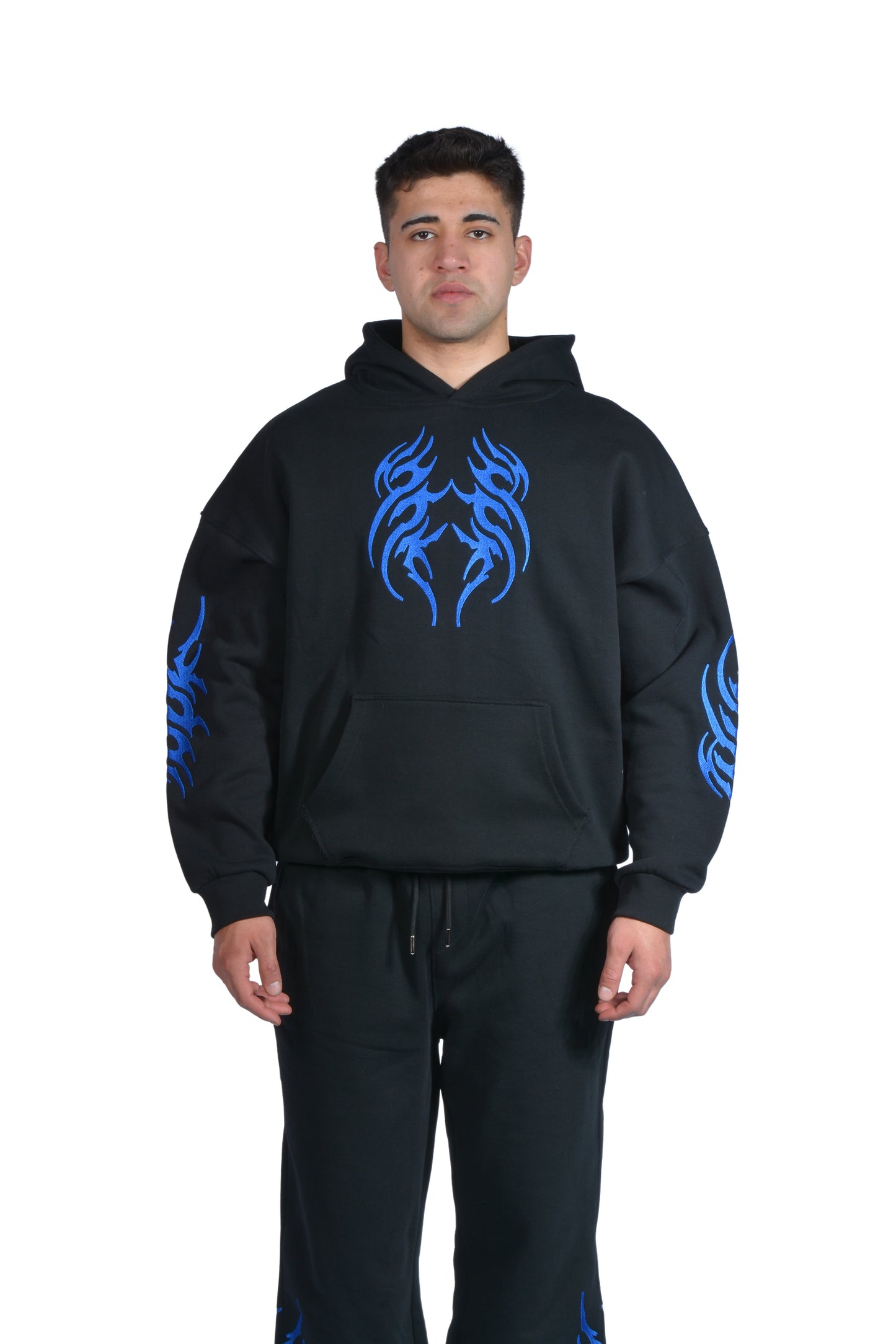 Flame Mavi Nakış İşlemeli Hoodie