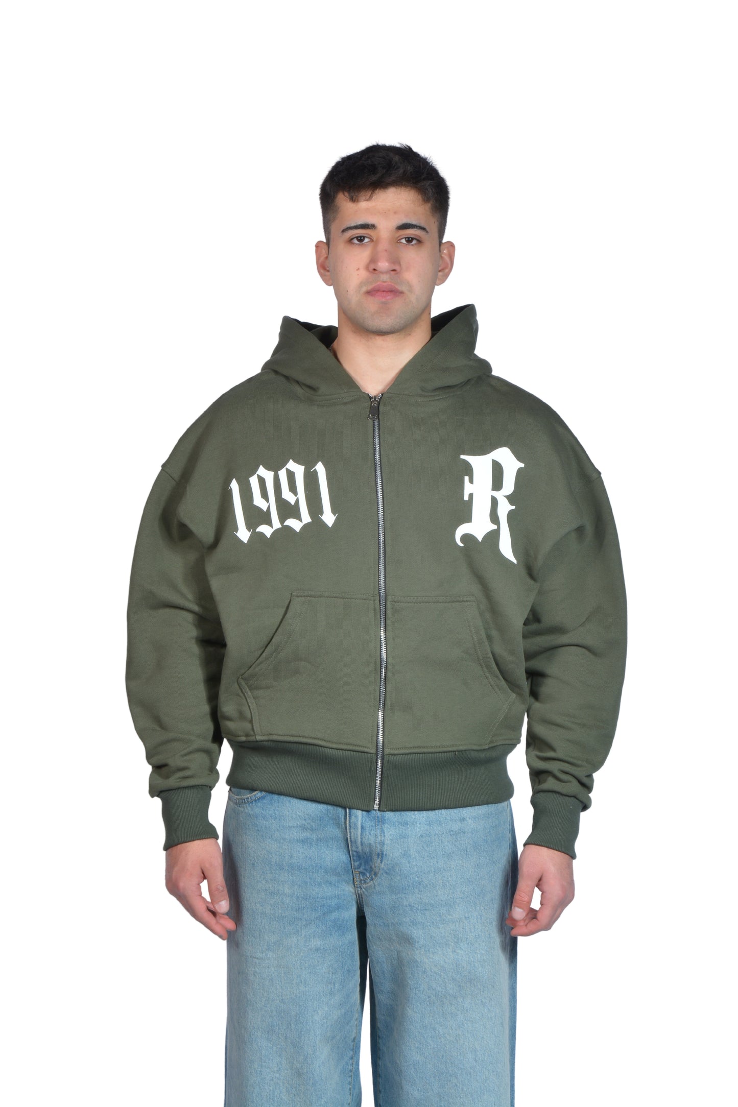 Kabartma Baskılı Haki Yeşil Zip Hoodie