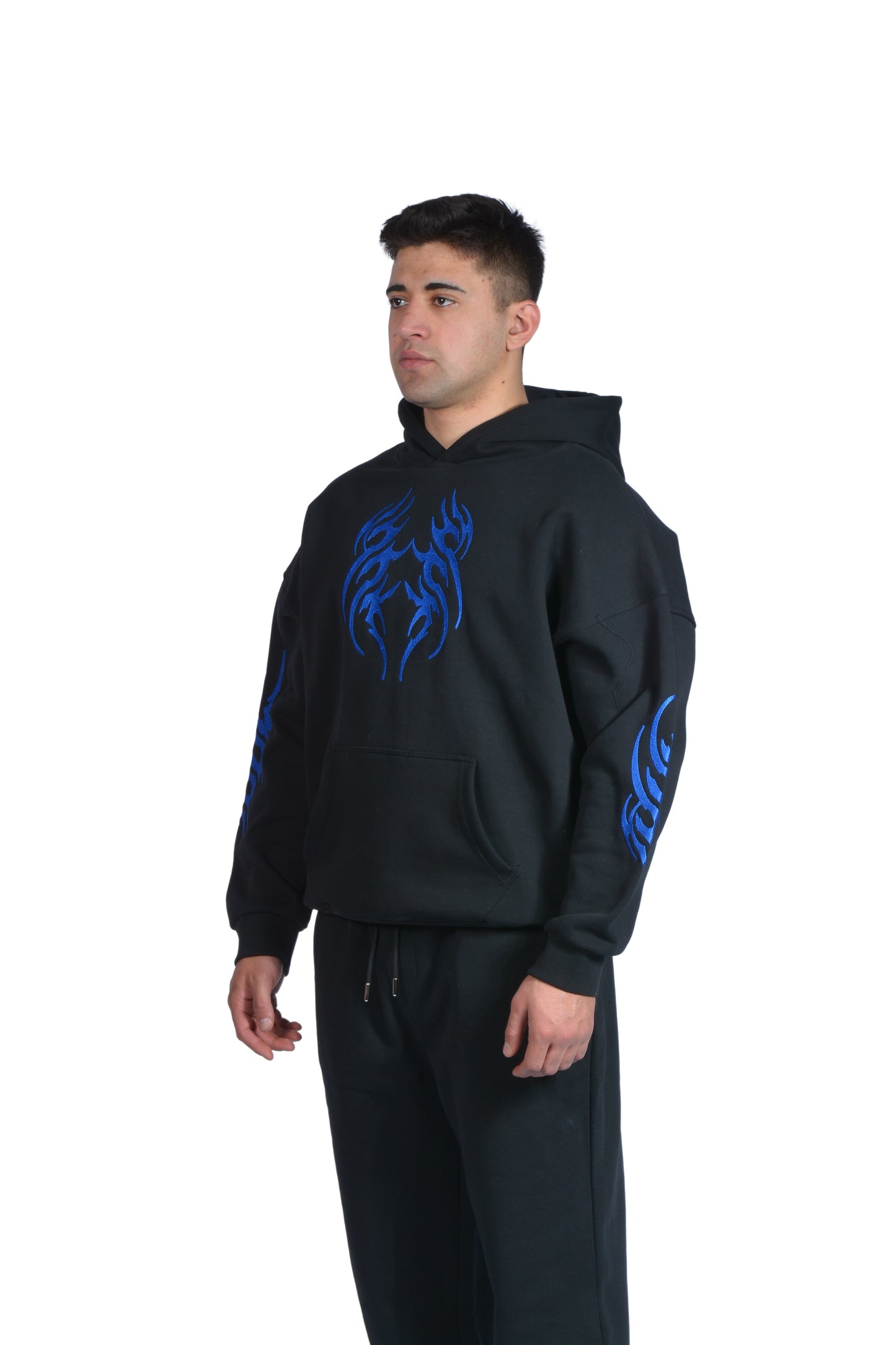 Flame Mavi Nakış İşlemeli Hoodie