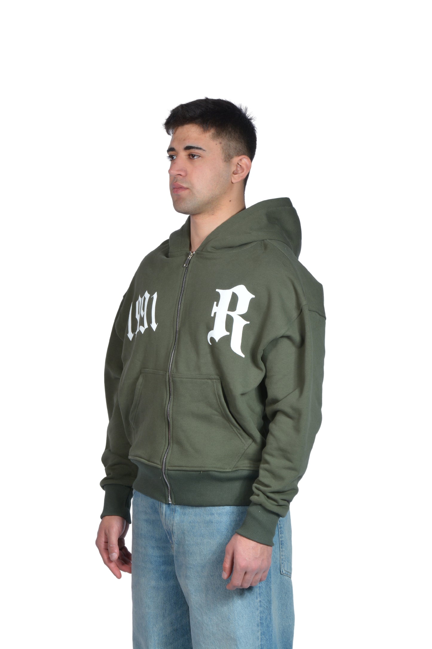 Kabartma Baskılı Haki Yeşil Zip Hoodie