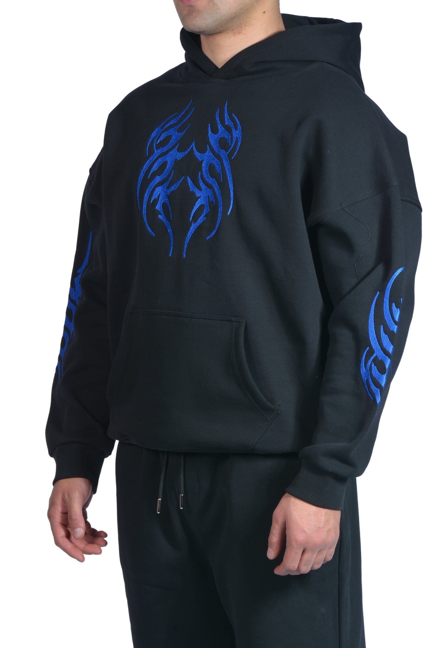 Flame Mavi Nakış İşlemeli Hoodie