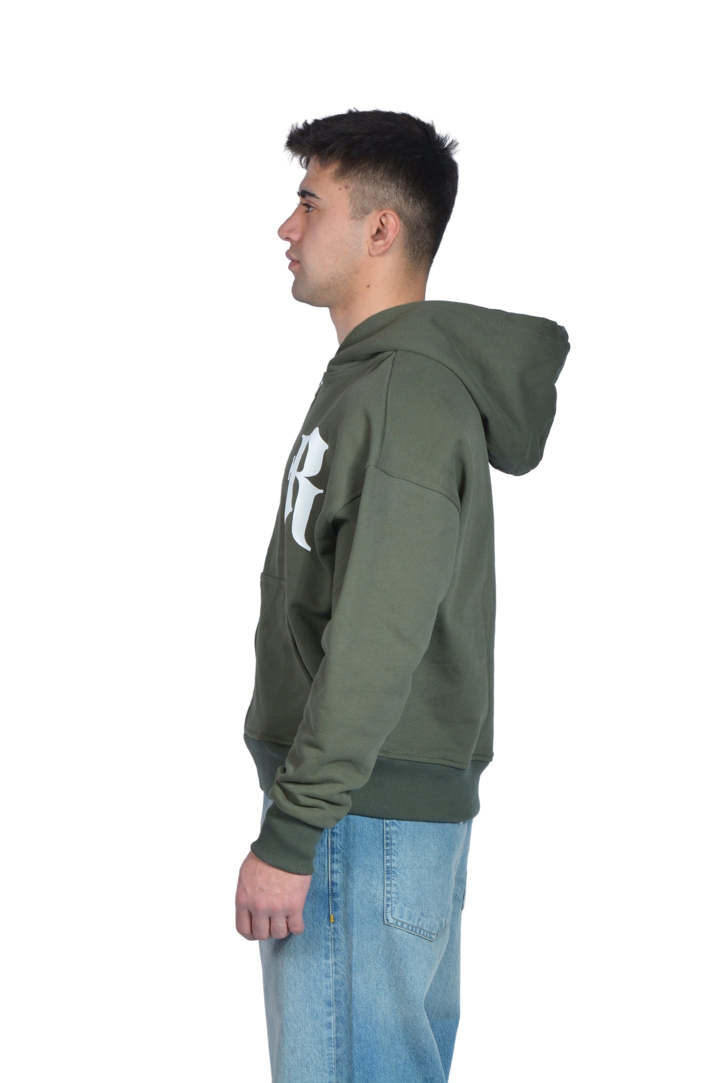 Kabartma Baskılı Haki Yeşil Zip Hoodie