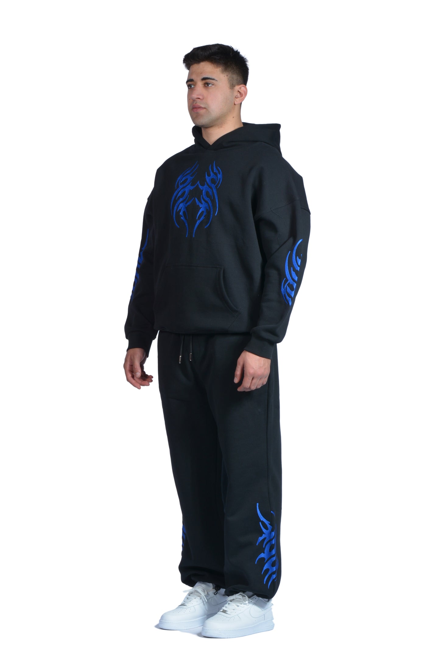 Flame Mavi Nakış İşlemeli Hoodie