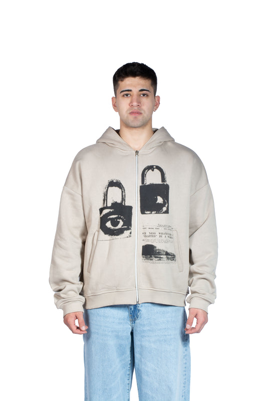 Lock Eye Printed Kahverengi Zip Hoodie