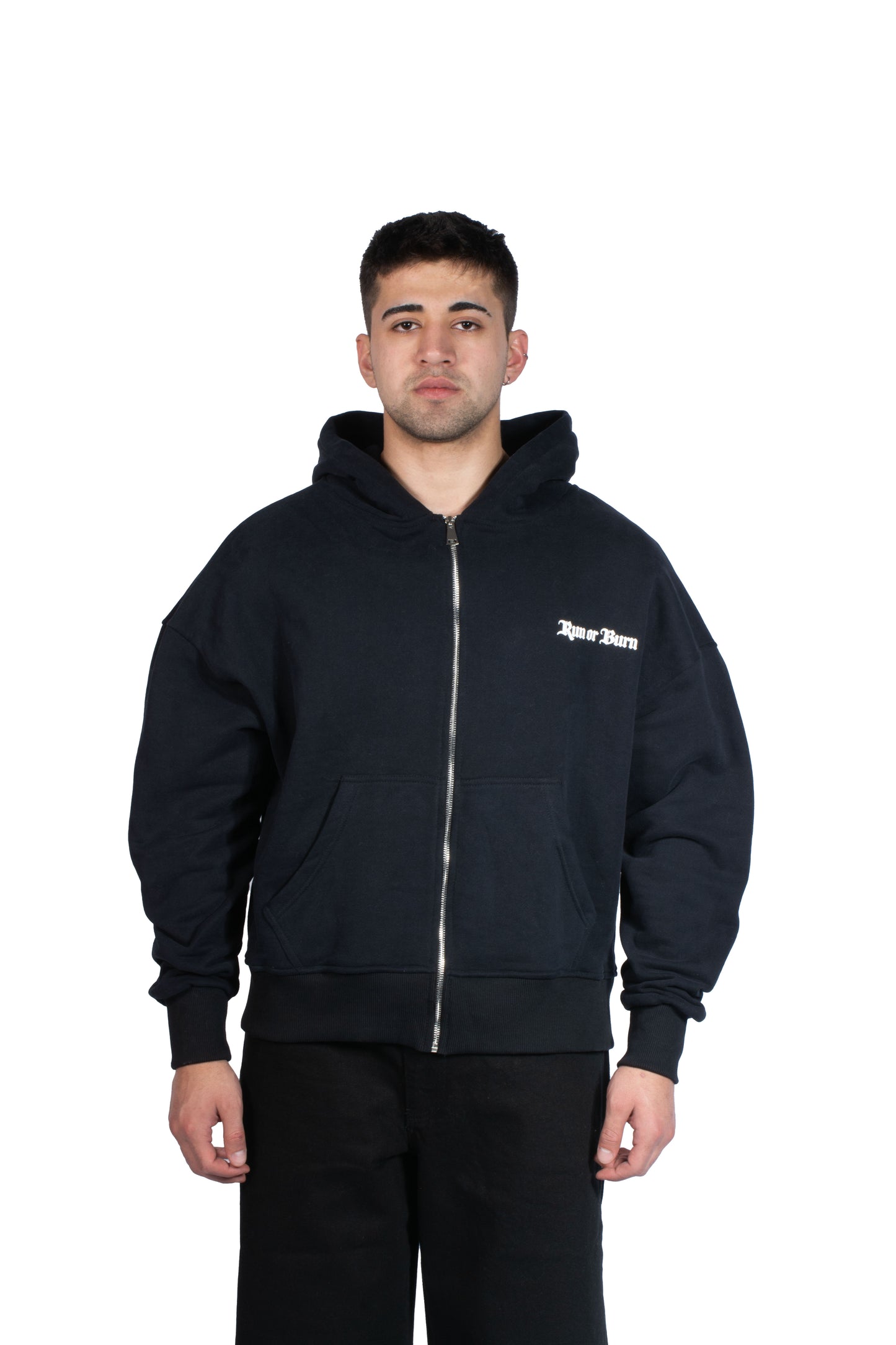 Run or Burn Kabartma Baskılı Zip Hoodie