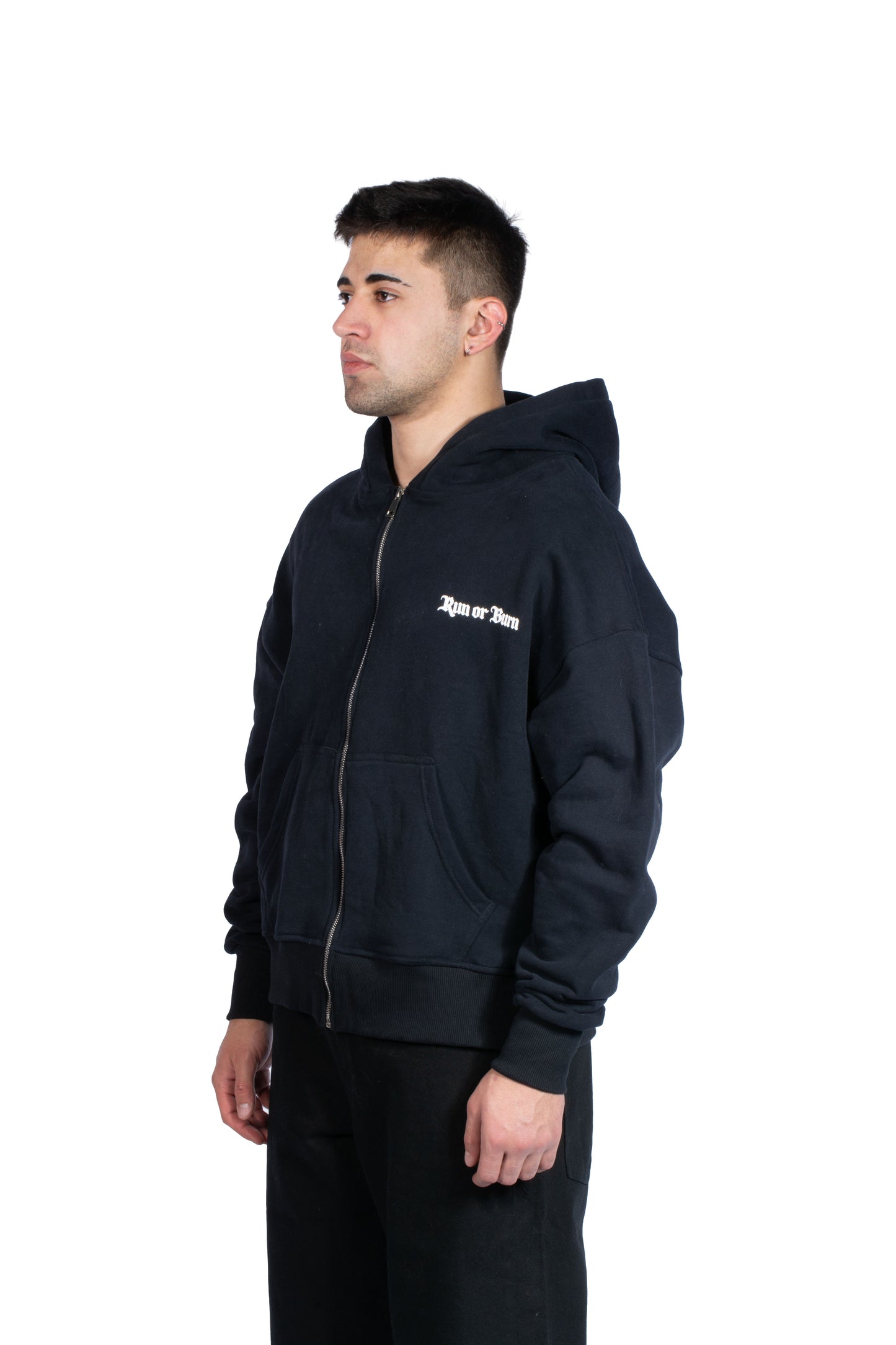 Run or Burn Kabartma Baskılı Zip Hoodie