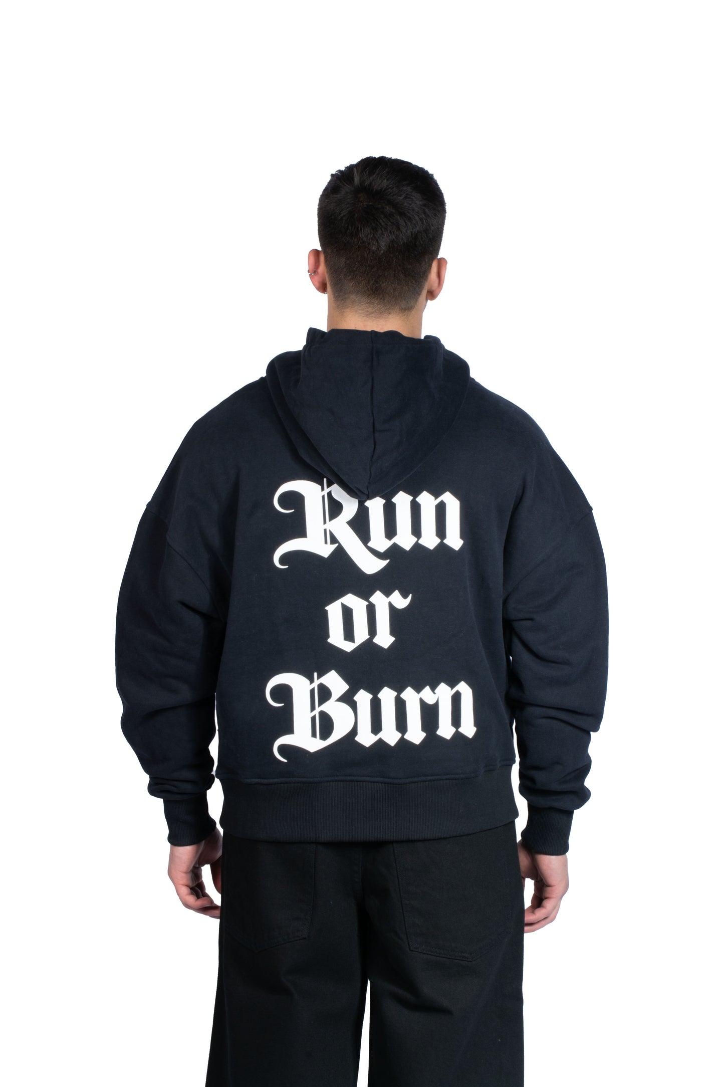 Run or Burn Kabartma Baskılı Zip Hoodie