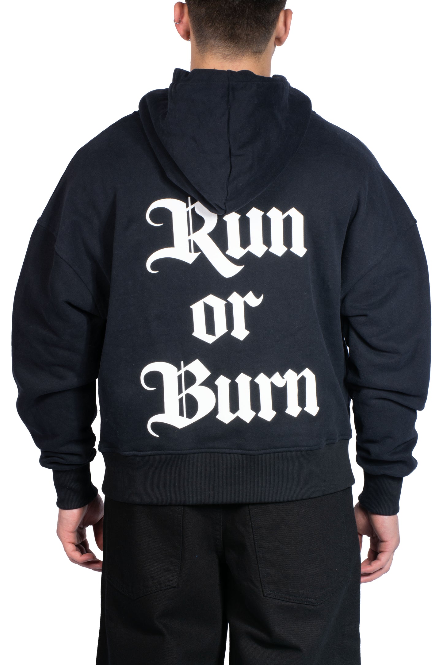 Run or Burn Kabartma Baskılı Zip Hoodie