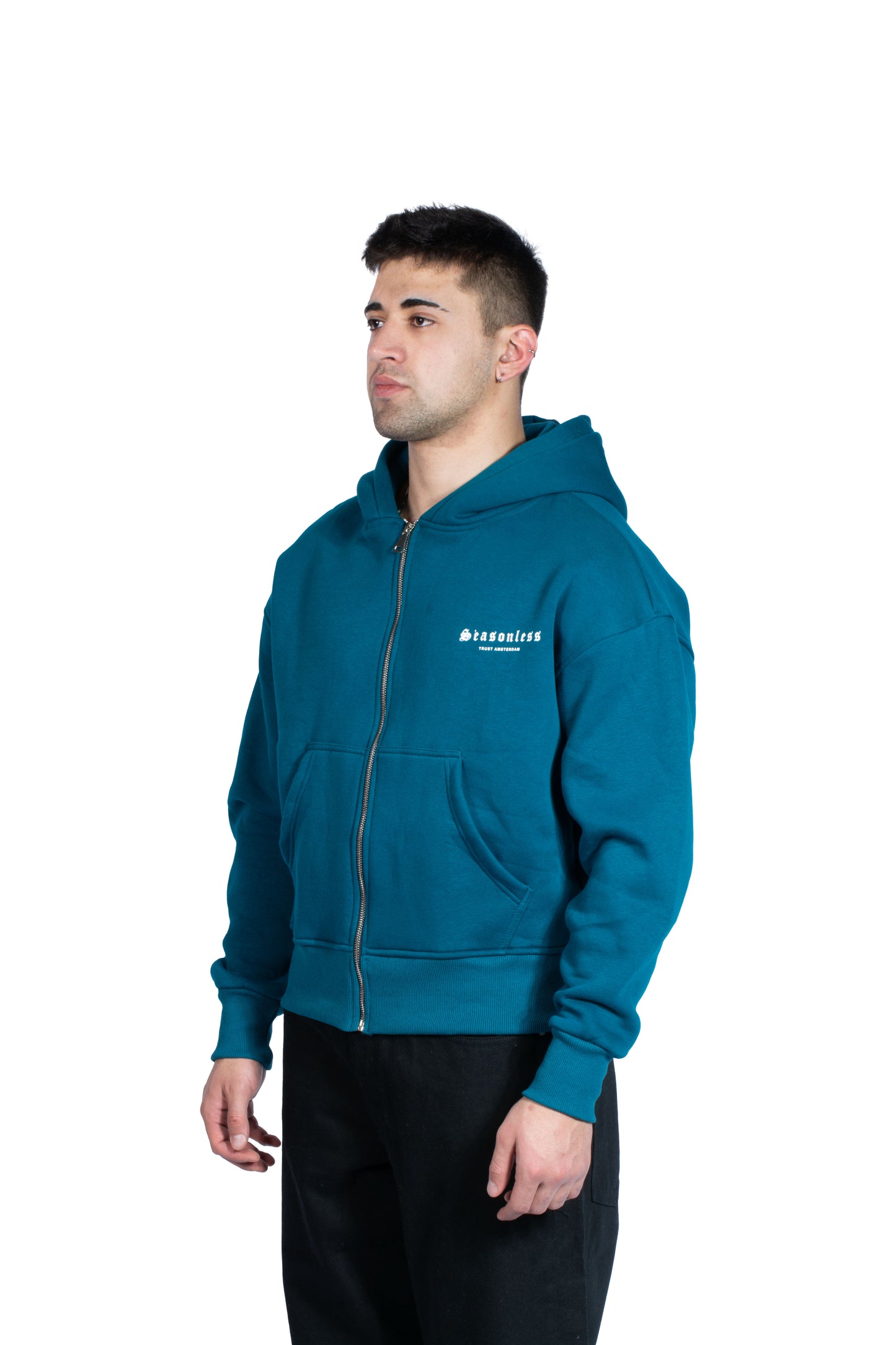 Seasonless Kabartma Baskılı Pterol Yeşili Zip Hoodie