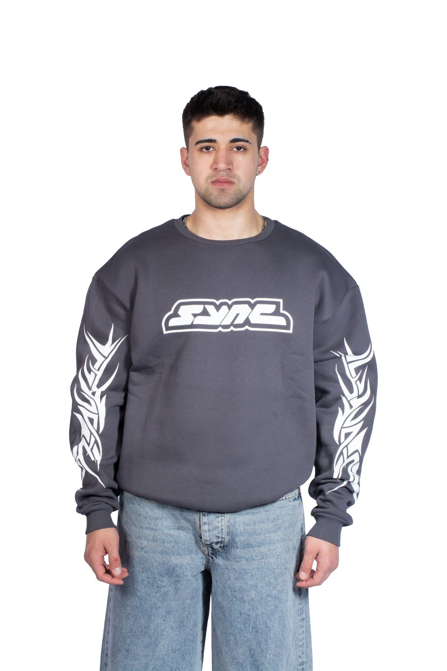 SYNC Kol Baskılı Premium Gri Sweatshirt