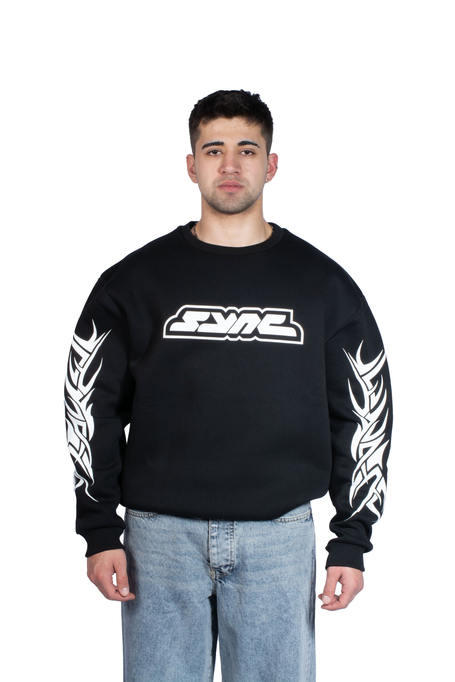 SYNC Kol Baskılı Premium Siyah Sweatshirt