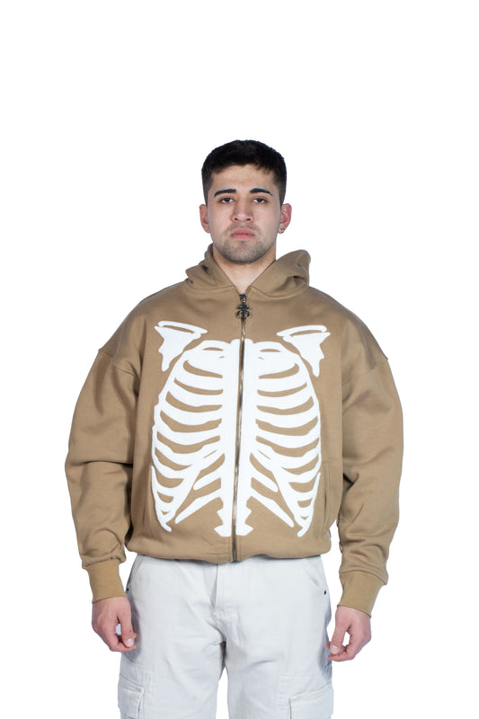 Skeleton Peluş İşlemeli Koyu Bej Zip Hoodie