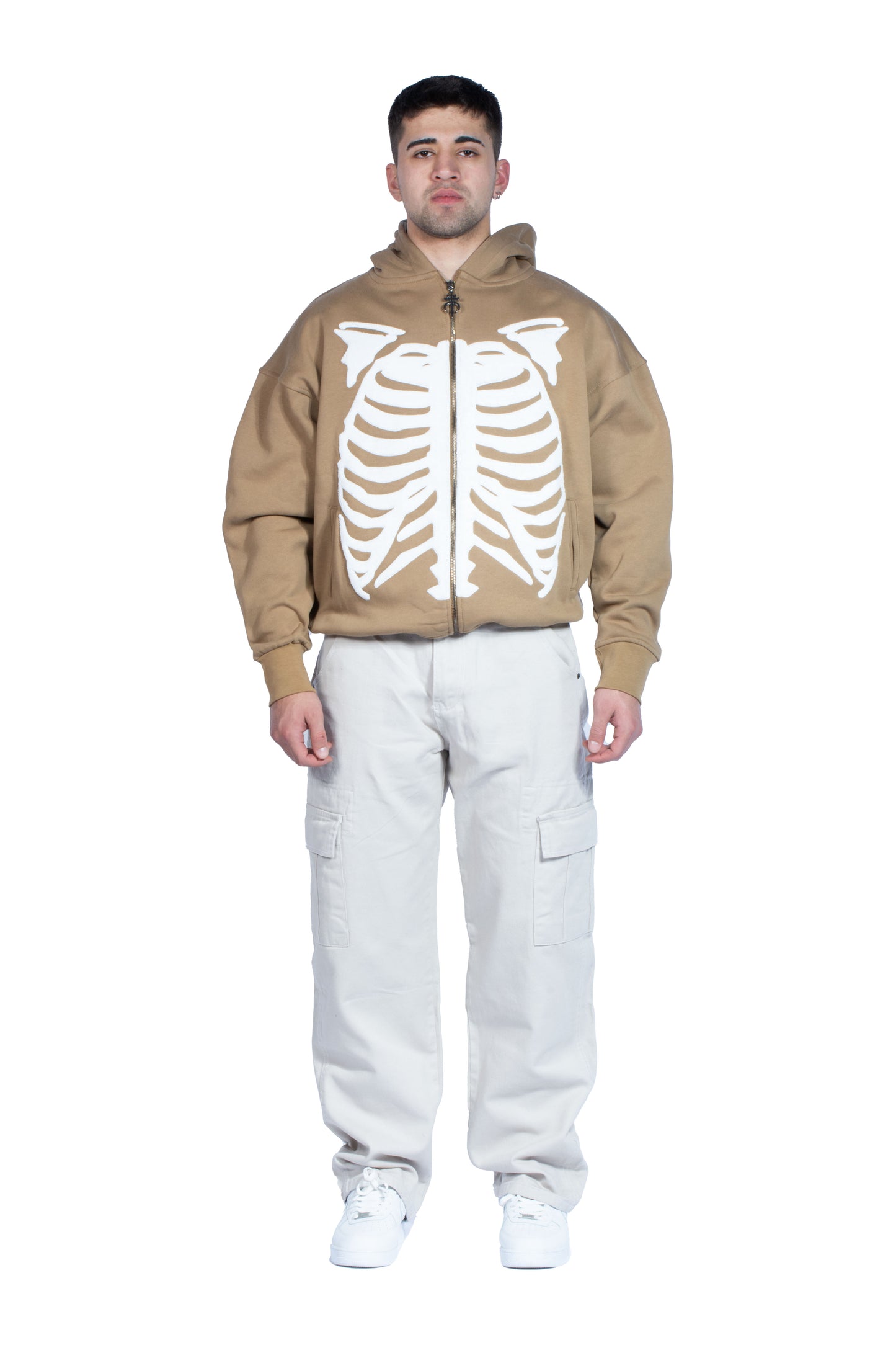 Skeleton Peluş İşlemeli Koyu Bej Zip Hoodie