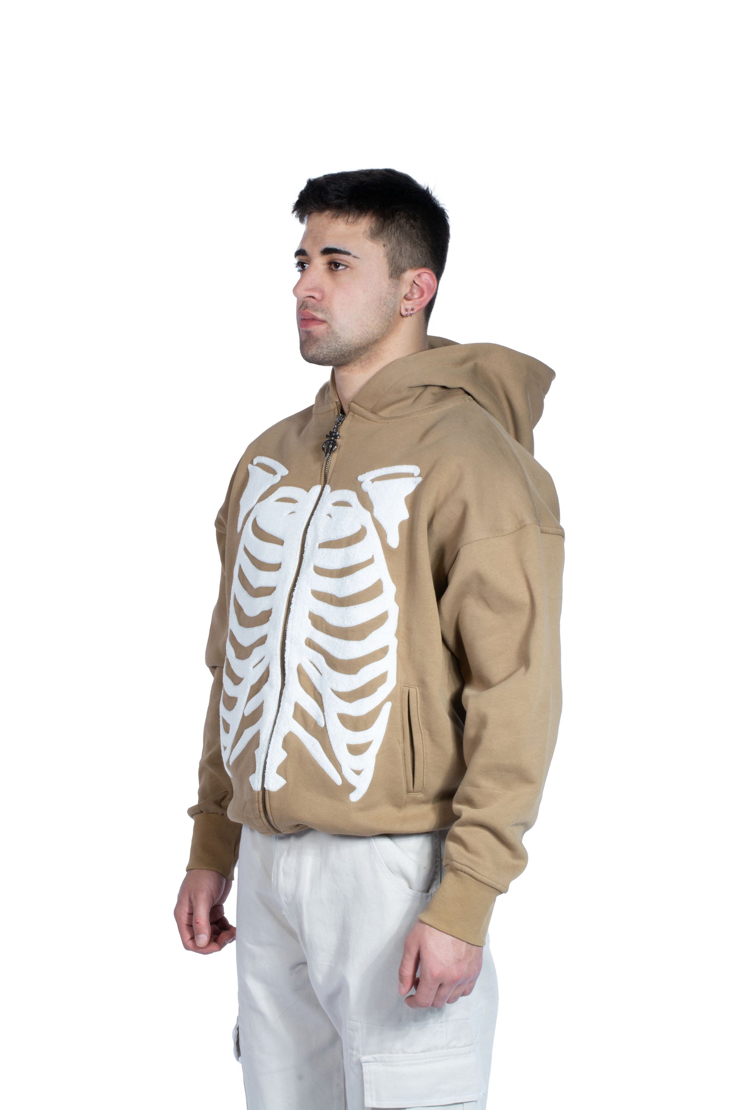 Skeleton Peluş İşlemeli Koyu Bej Zip Hoodie