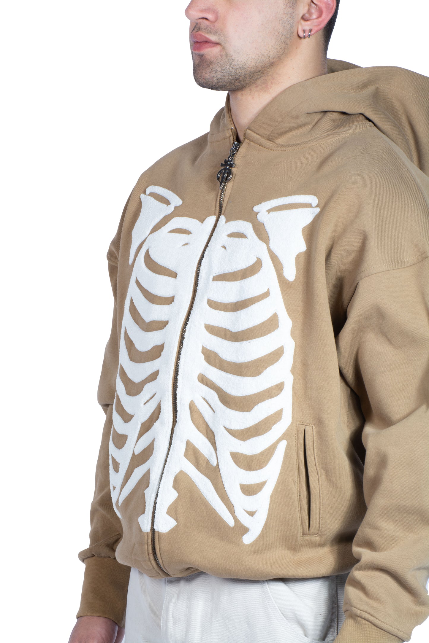 Skeleton Peluş İşlemeli Koyu Bej Zip Hoodie