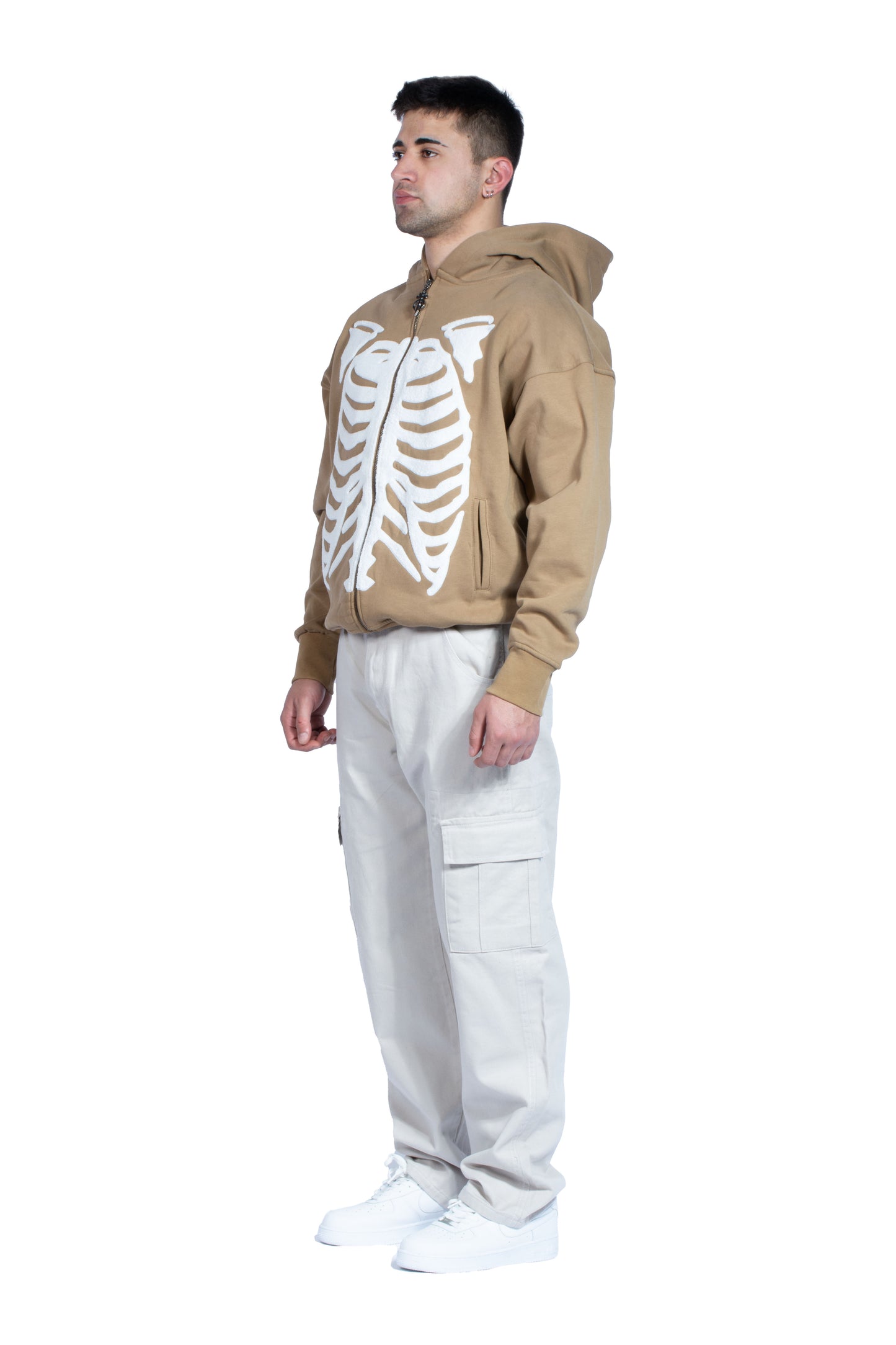 Skeleton Peluş İşlemeli Koyu Bej Zip Hoodie