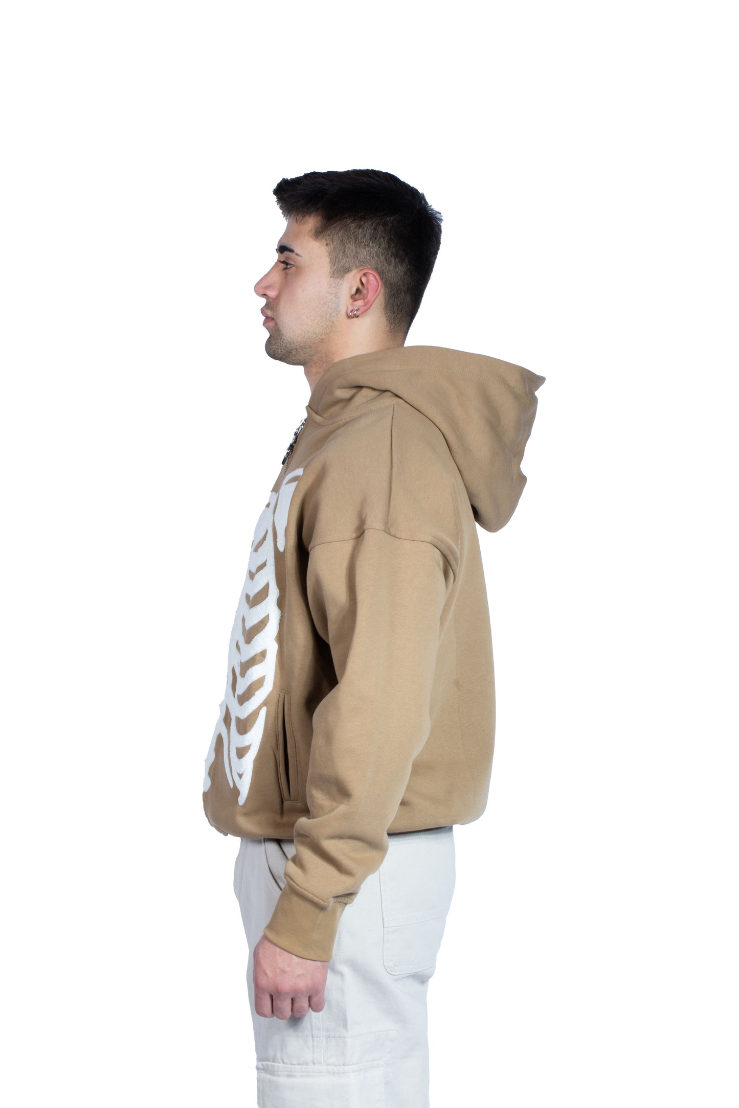 Skeleton Peluş İşlemeli Koyu Bej Zip Hoodie