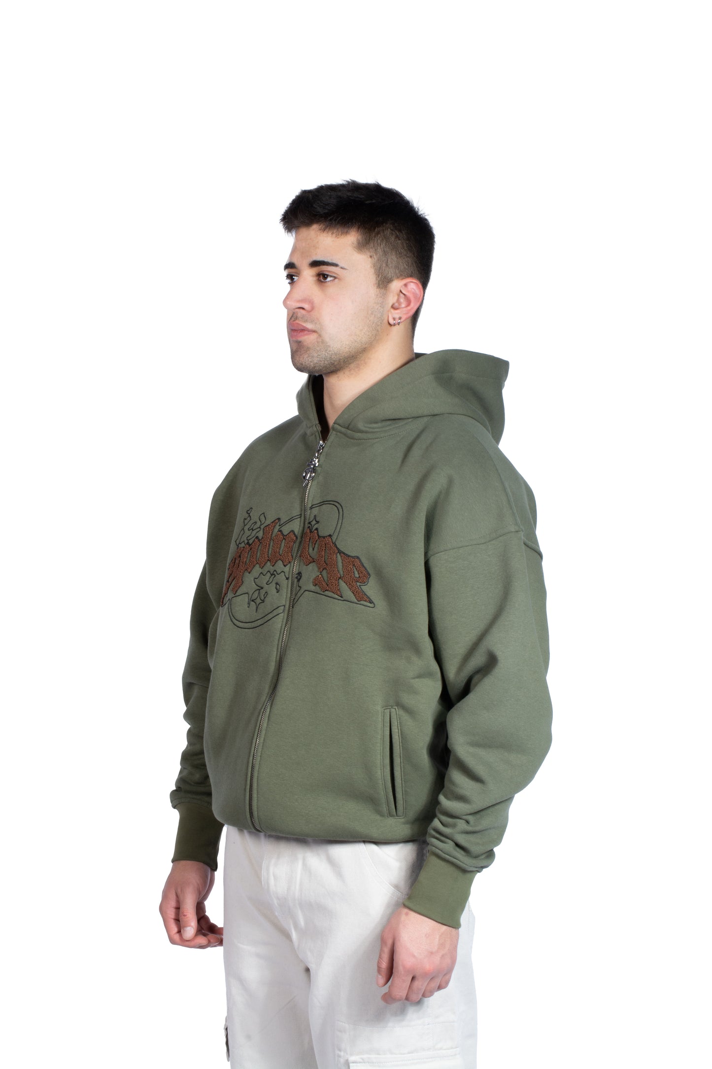 Splorge Kabartma Peluş İşlemeli Haki Zip Hoodie