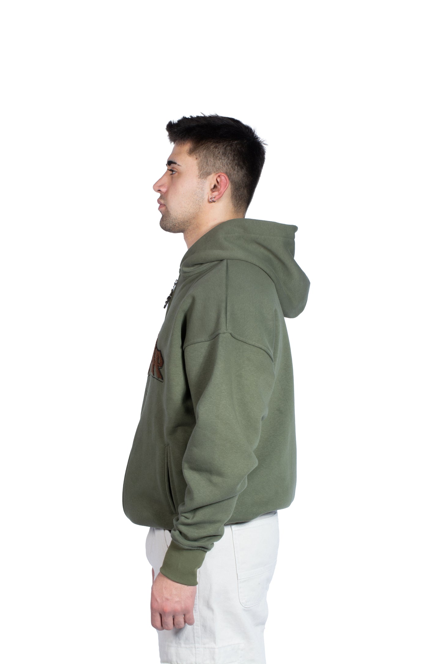 Splorge Kabartma Peluş İşlemeli Haki Zip Hoodie