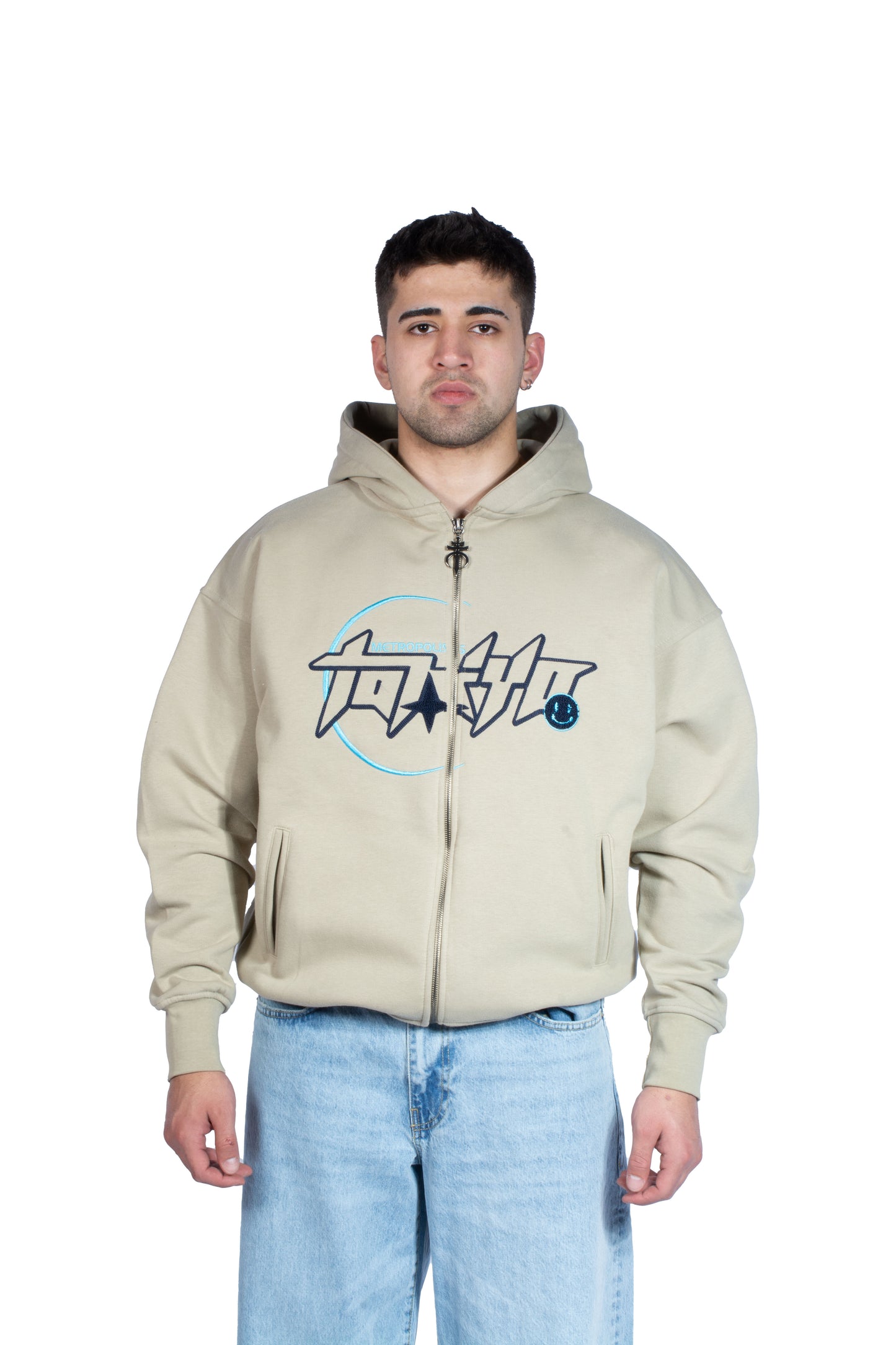 Tokyo Nakış İşlemeli Premium Bej Zip Hoodie