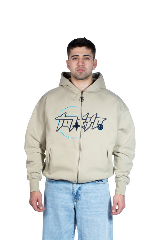 Tokyo Nakış İşlemeli Premium Bej Zip Hoodie