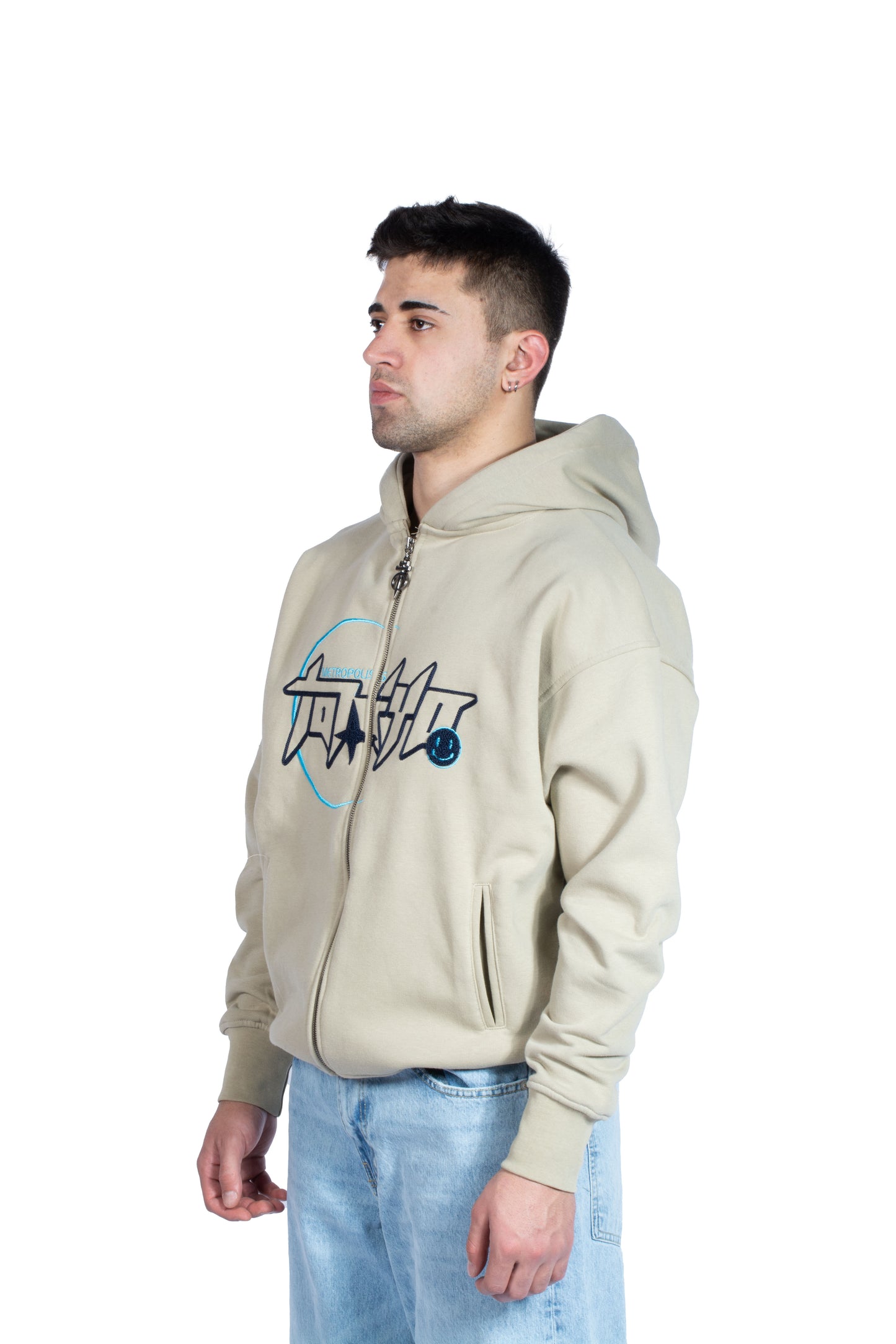 Tokyo Nakış İşlemeli Premium Bej Zip Hoodie