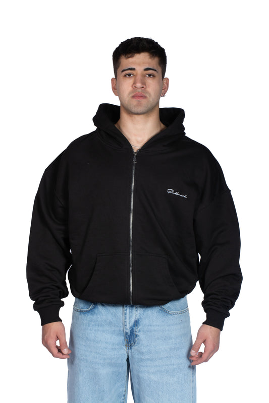 Nakış İşlemeli Siyah Basic Zip Hoodie