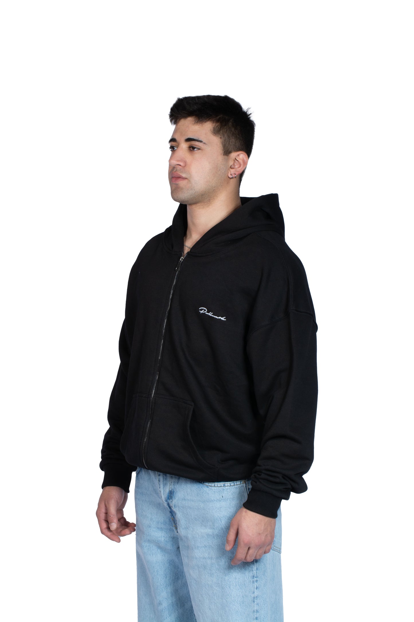 Nakış İşlemeli Siyah Basic Zip Hoodie