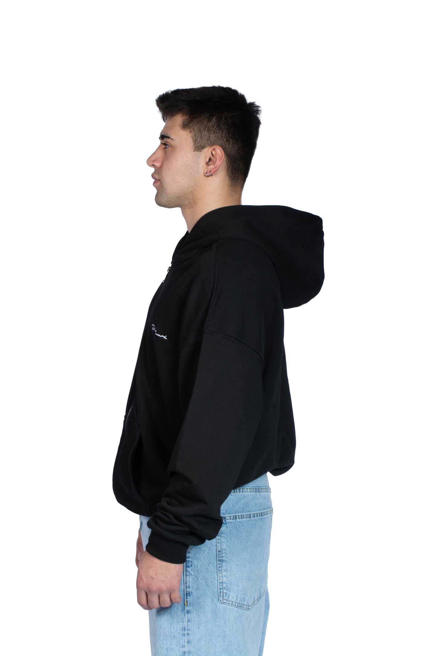 Nakış İşlemeli Siyah Basic Zip Hoodie