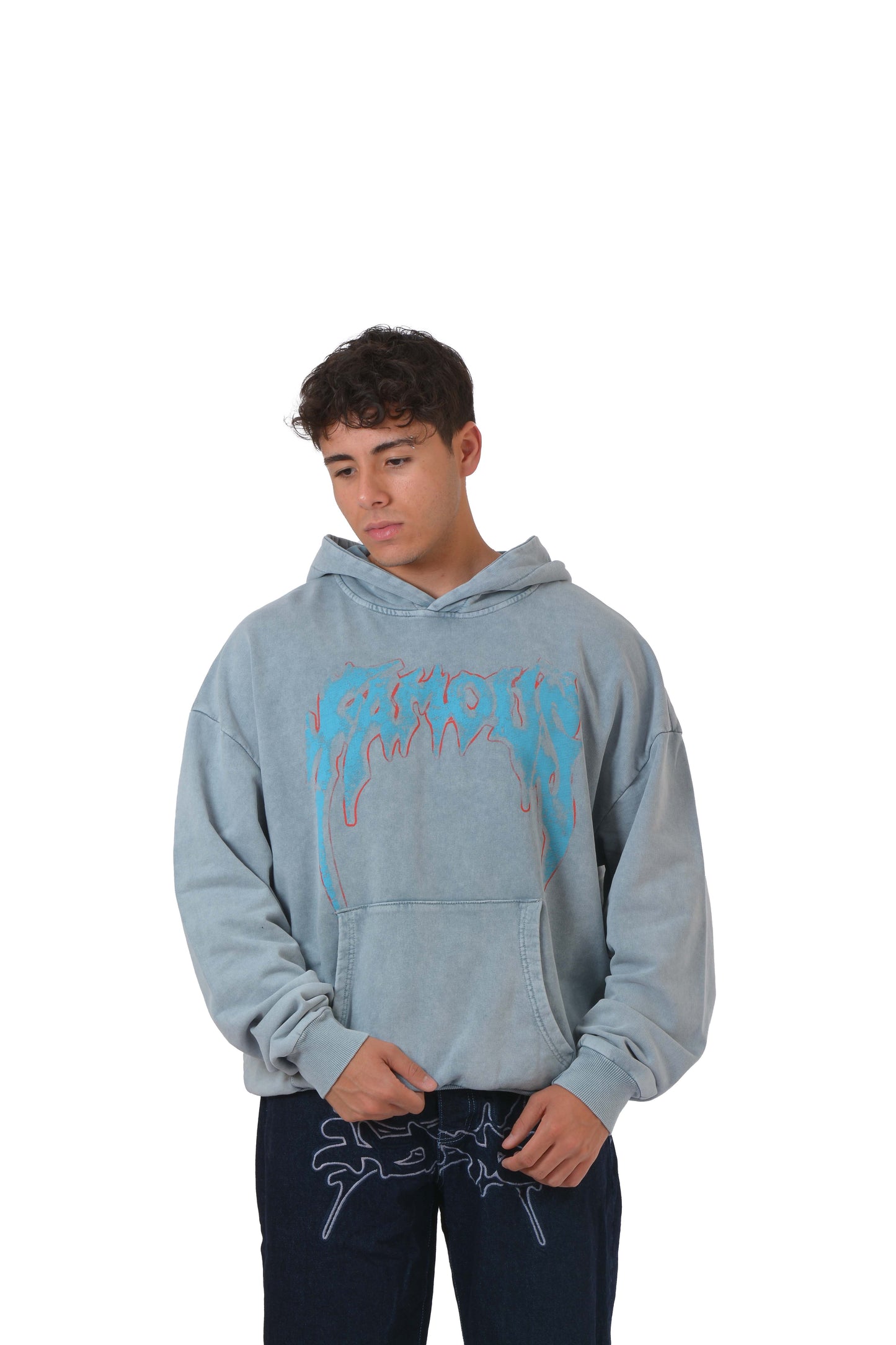 Famous Printed Baskılı Acid Washed Hoodie