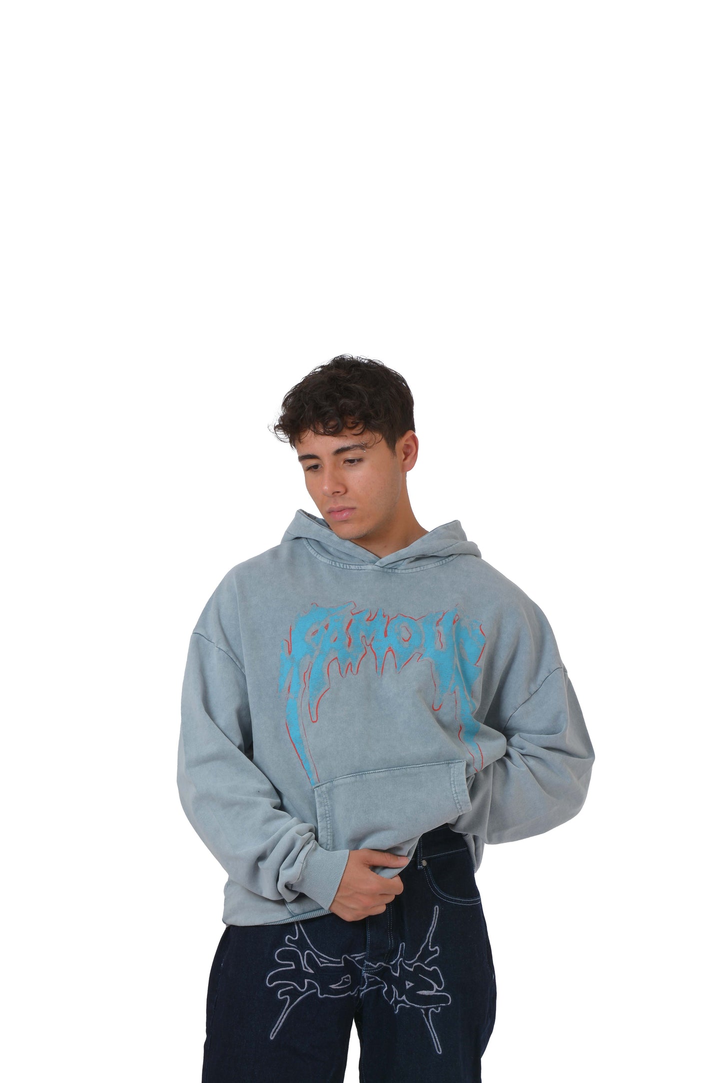 Famous Printed Baskılı Acid Washed Hoodie