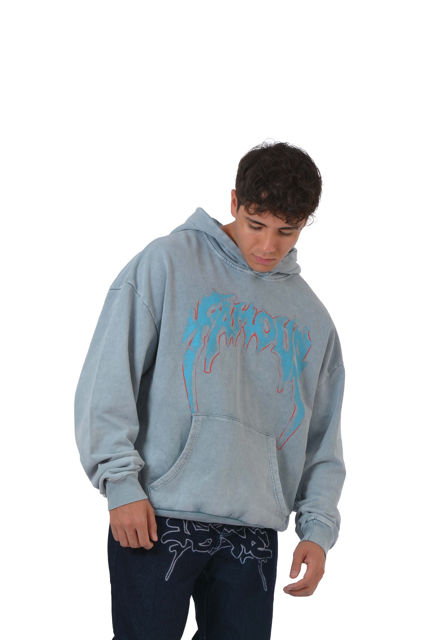 Famous Printed Baskılı Acid Washed Hoodie