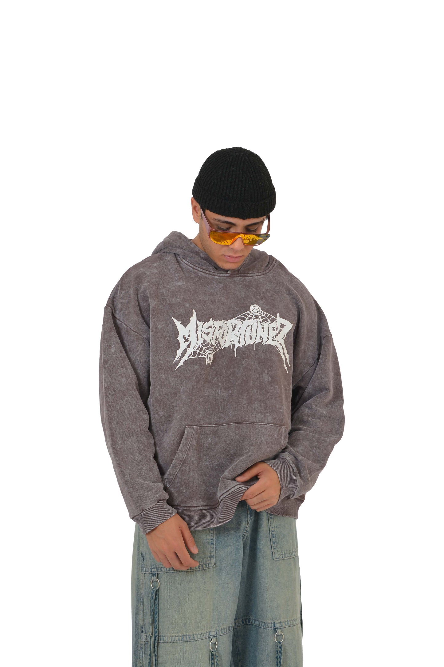 Misfortunez Spider Printed Acid Washed Hoodie