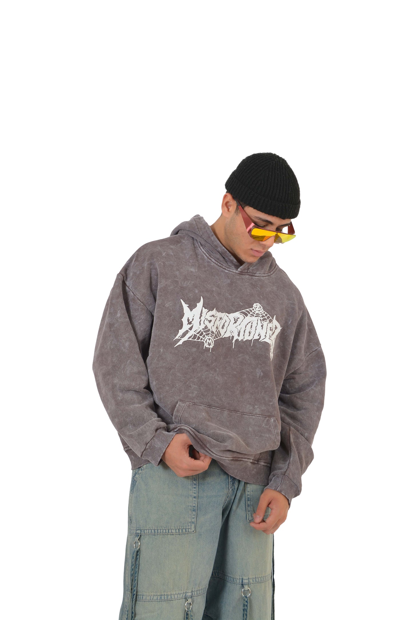 Misfortunez Spider Printed Acid Washed Hoodie