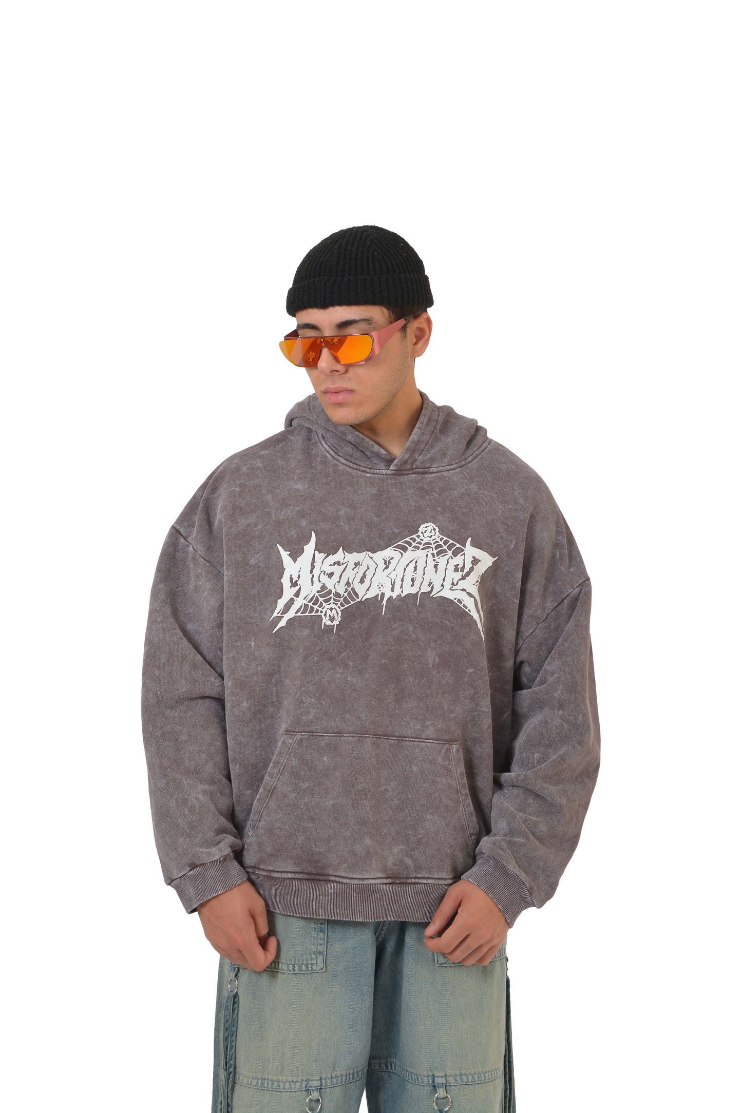 Misfortunez Spider Printed Acid Washed Hoodie