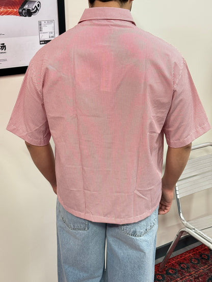 Kırlangıç Baskılı Pembe Çizgili Boxy Fit Gömlek